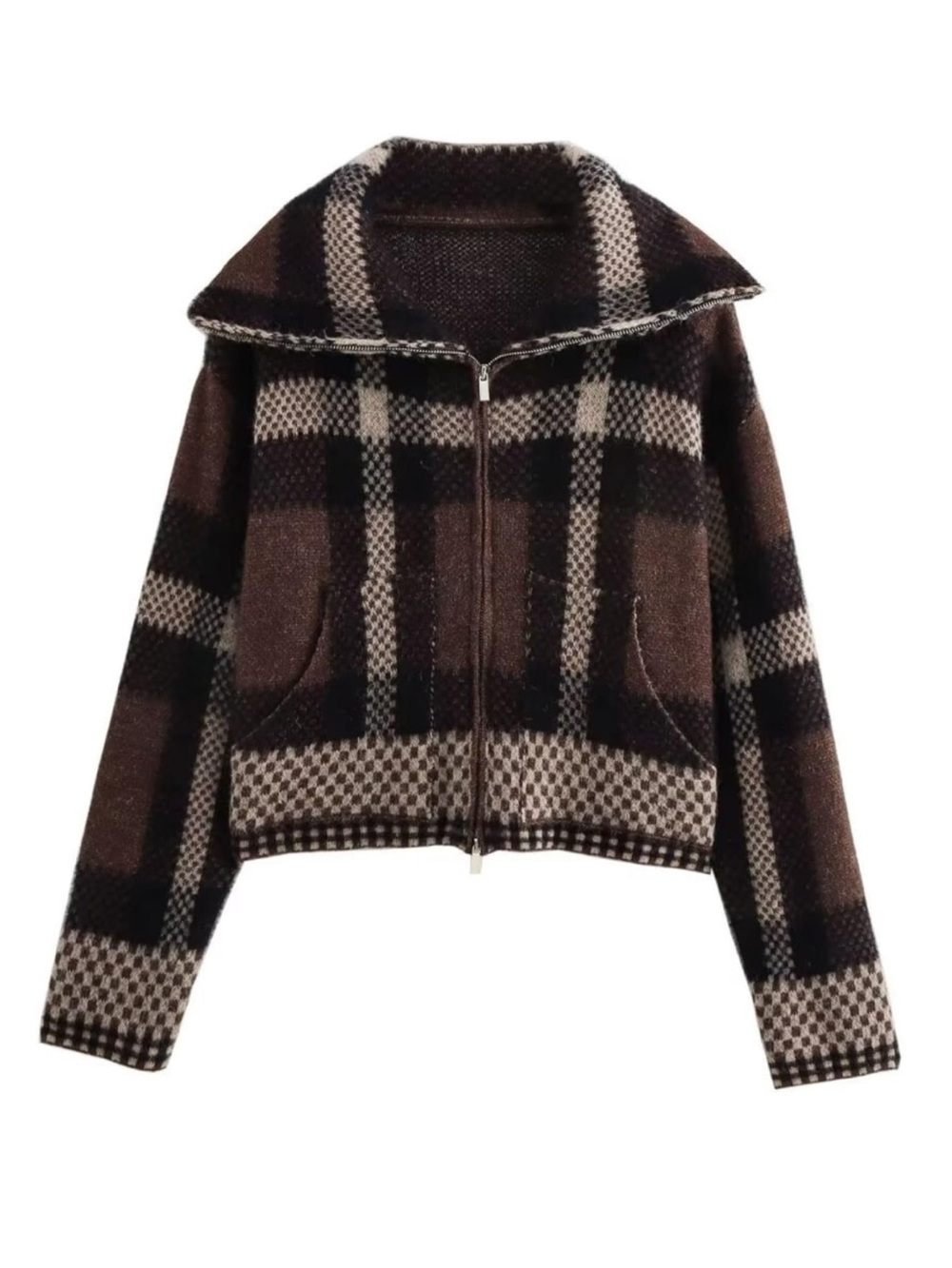 Vintage Checkered Cardigan Sweater Zip Up Knit Jacket Long Sleeve